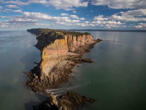 Aerial view of the Cape Split peninsula and cliffs jutting into the Minas Basin