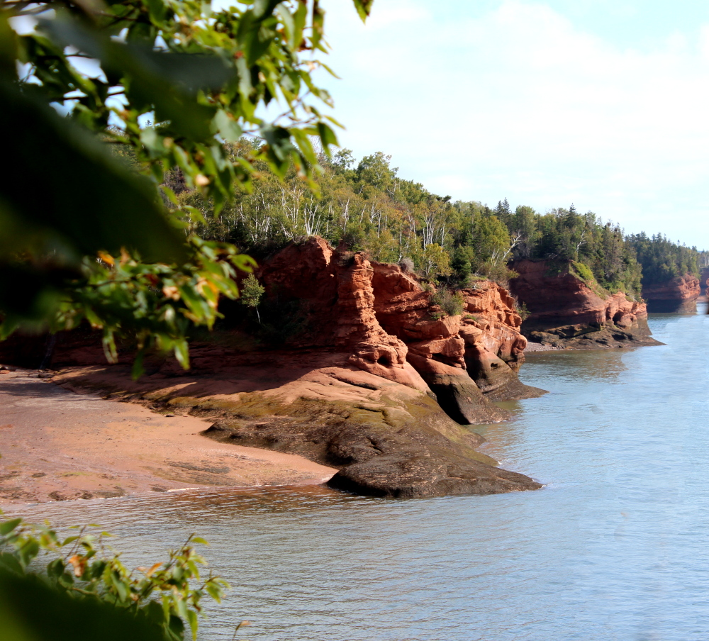 Red sandstone cliffs framed by green leaves along the Five Islands shoreline