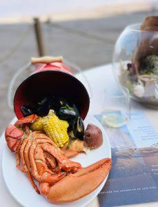 Lobster, mussels, corn and potato seafood boil served at the Hopewell Rocks visitor centre