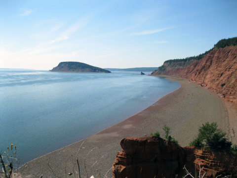 Five Islands Provincial Park coastline with red cliffs, long beach, and the Minas Basin