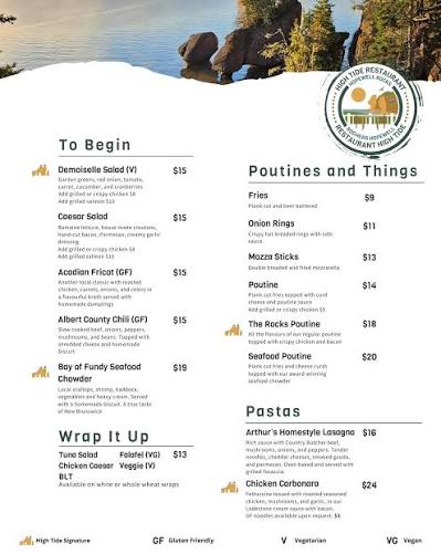 High Tide Café menu featuring salads, poutines, wraps, and pastas